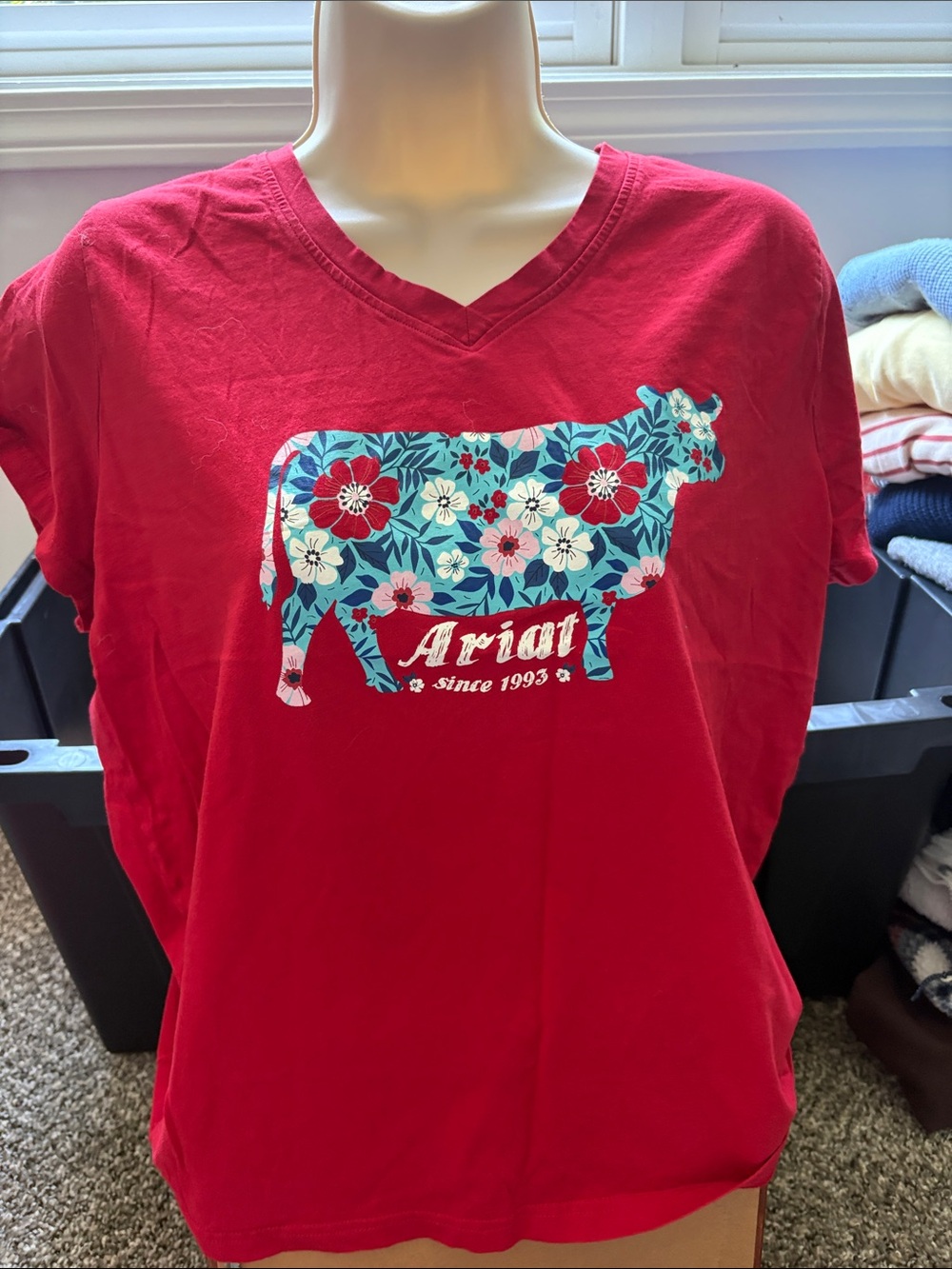Ariat Red V-Neck Tee with Floral Cow Graphic